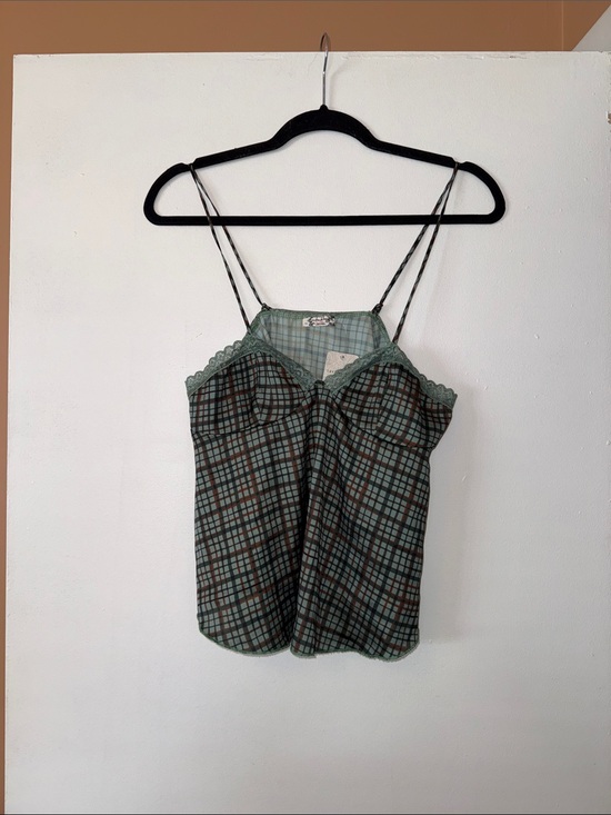 Free People Tops - Free People Plaid Lace-Trim Green Camisole